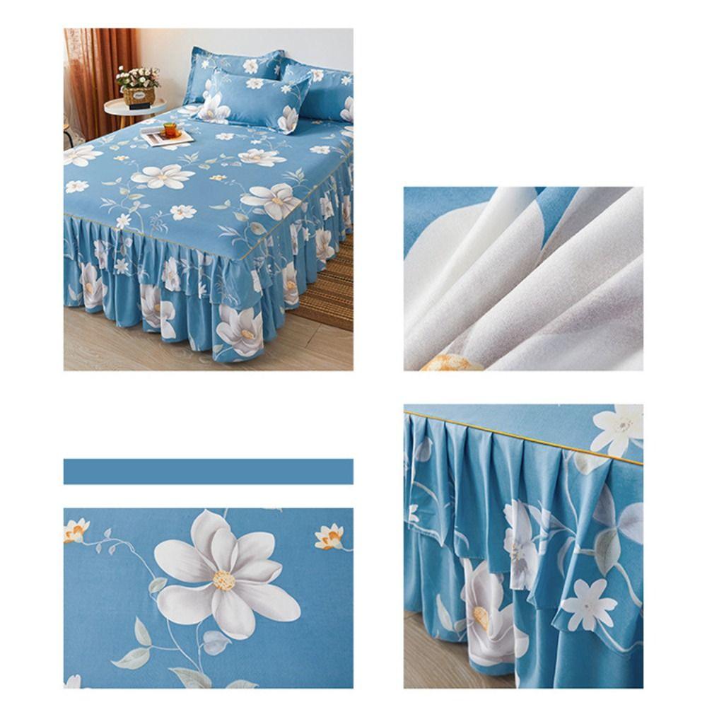 Floral Printed Double Lace Bed Skirt Three-piece Set Bedsheet Pillowcase  for Kids Adults Bedroom
