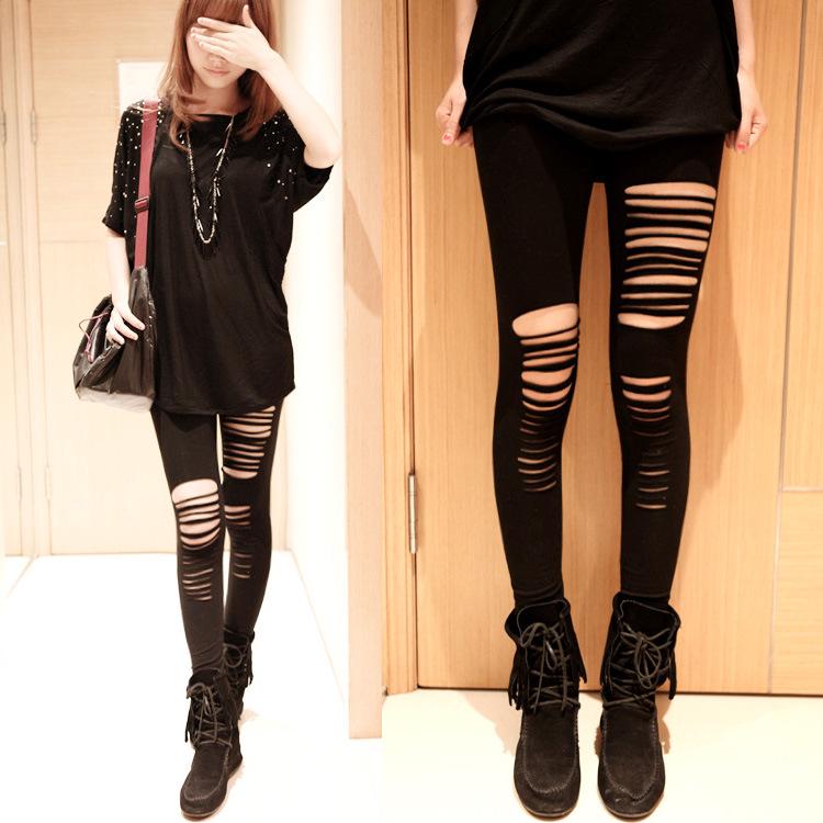 Black Punk Ripped Torn Slashed Cut Striped Leggings Pants Gothic Club Asymmetric Hole Elastic Skinny Pencil Pants For Women Girl