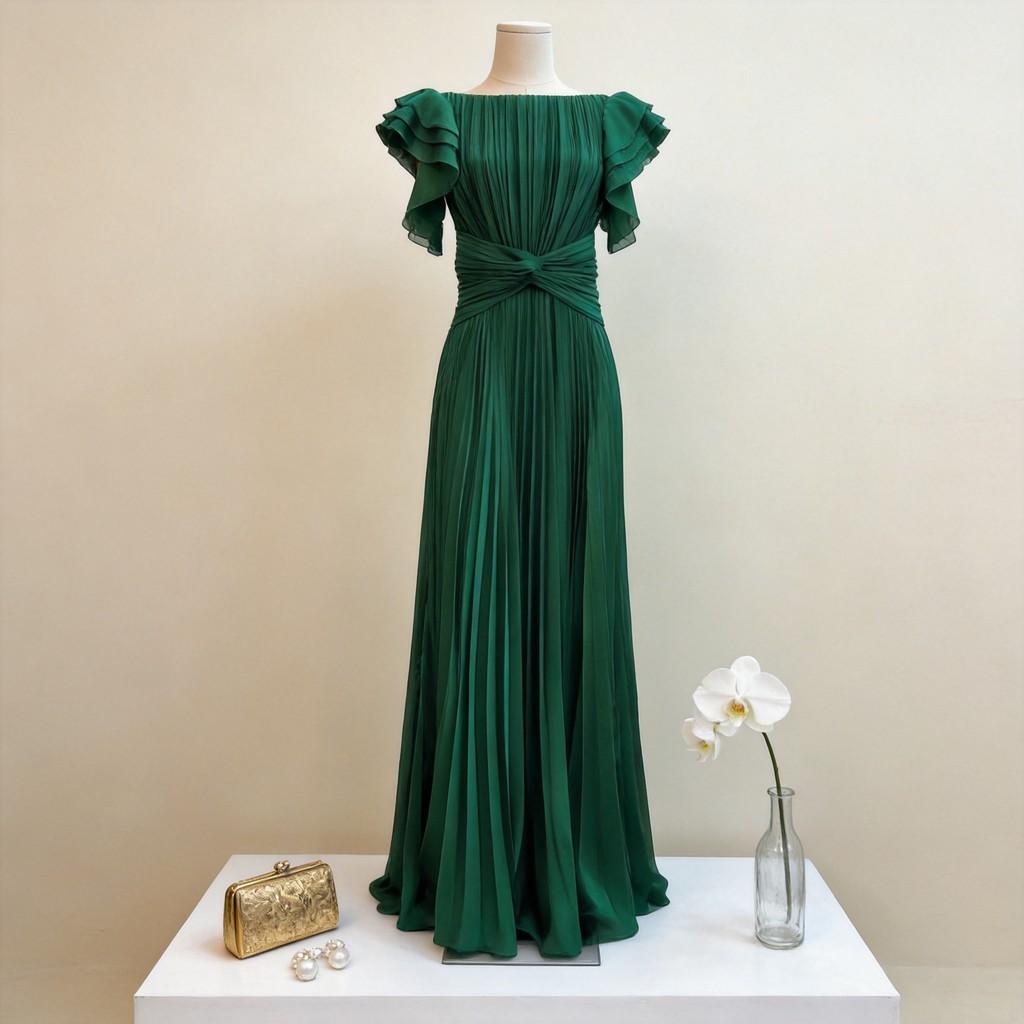 Elegante Abito Lungo in Chiffon con Design Pieghettato per Eventi Formali