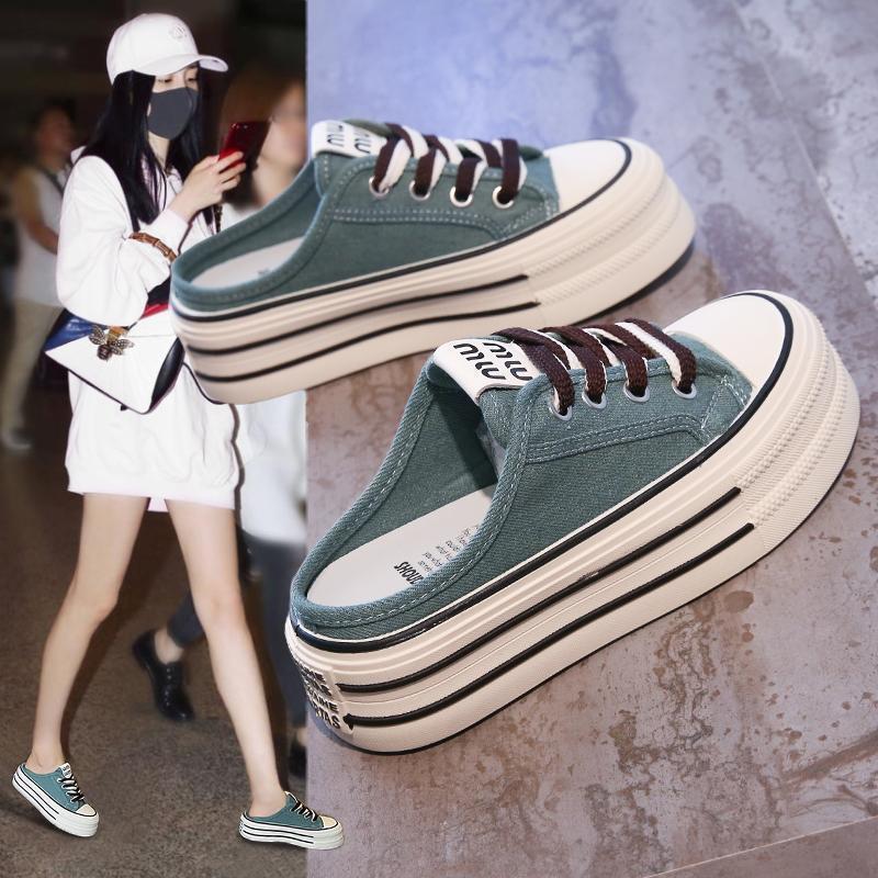 

Thick-soled bag head half slippers women s outer wear 2025 new height increase one pedal without heel muffin canvas single shoes versatile 34 синий