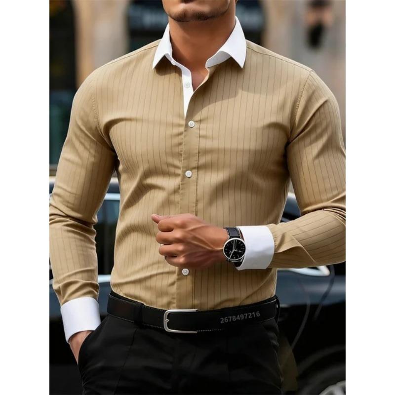 Camicia da Uomo a Maniche Lunghe con Strisce Verticali Colletto a Contrasto Top Casual Formale