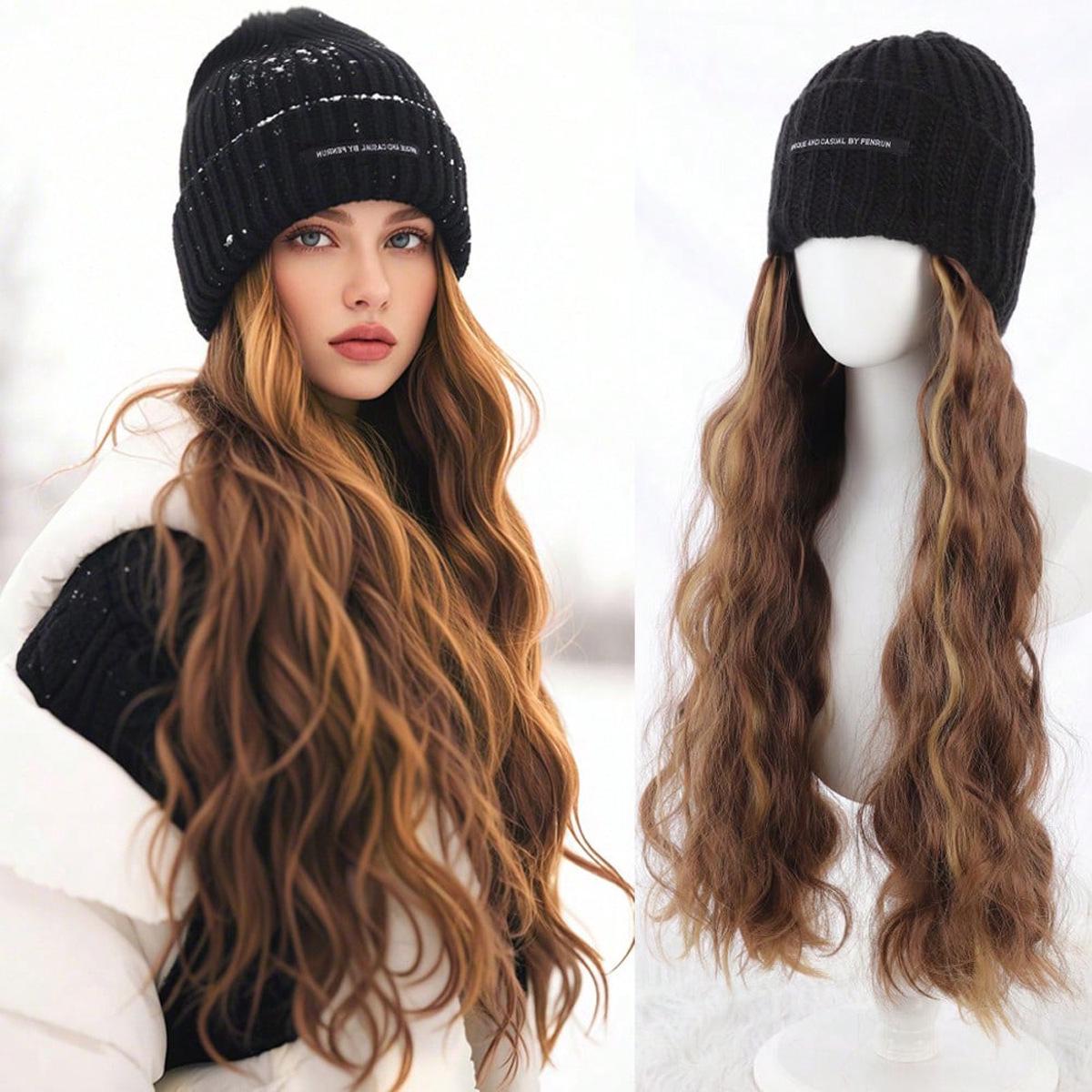 European-American Cross-Border Long Curly Wig Beanie with Water Wave Highlights