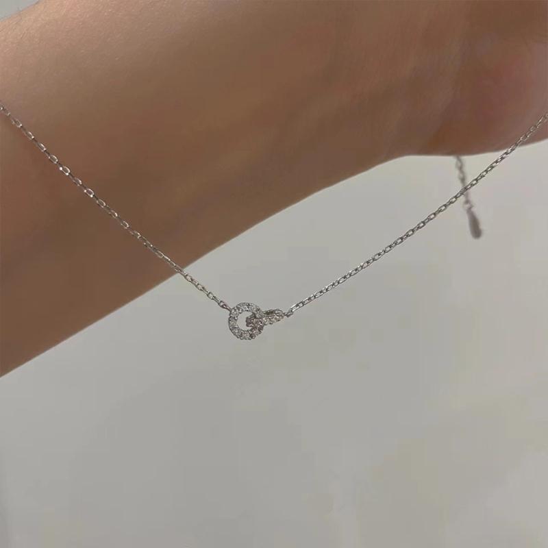 Christmas Gift 925 Sterling Silver Double Ring Zircon Necklace With Simple Temperament Geometric Collarbone Chain Party Jewelry