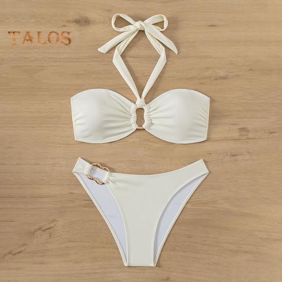 Women Bikini Set Metal Ring High Waist Two Piece Swimsuit Sexy Halter String Cut Out Bathing Suit for Beach Vacation Party
