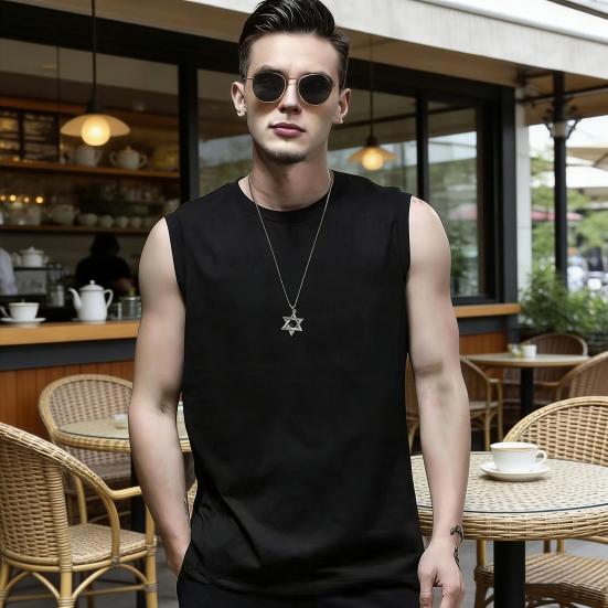Men Vest Sleeveless Round Neck Tops Wide Shoulder Quick-Drying Sports Straps Pure Color Casual Tank Tops