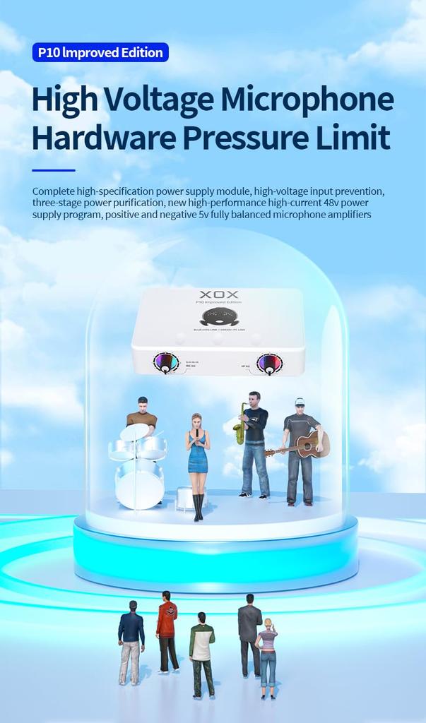 XOX P10 USB Audio Interface for Recording with Software Panel for and Independent Volume LED USB Audio 48V Phantom Power Studio-Quality Streaming,