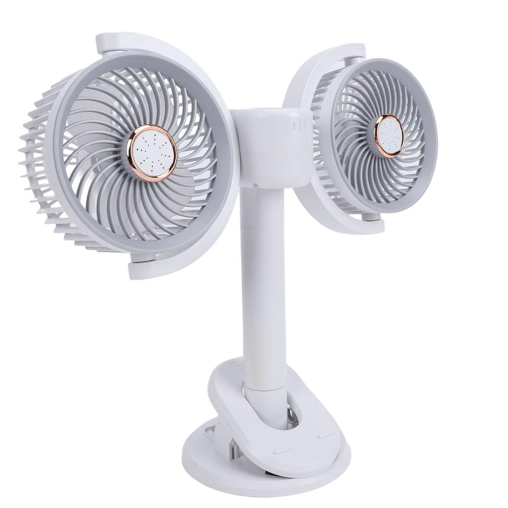 Double Head Clip On Fan Rechargeable Dual Brushless Motor 360 degrees Rotation Desk Cooling Fan with LED Light