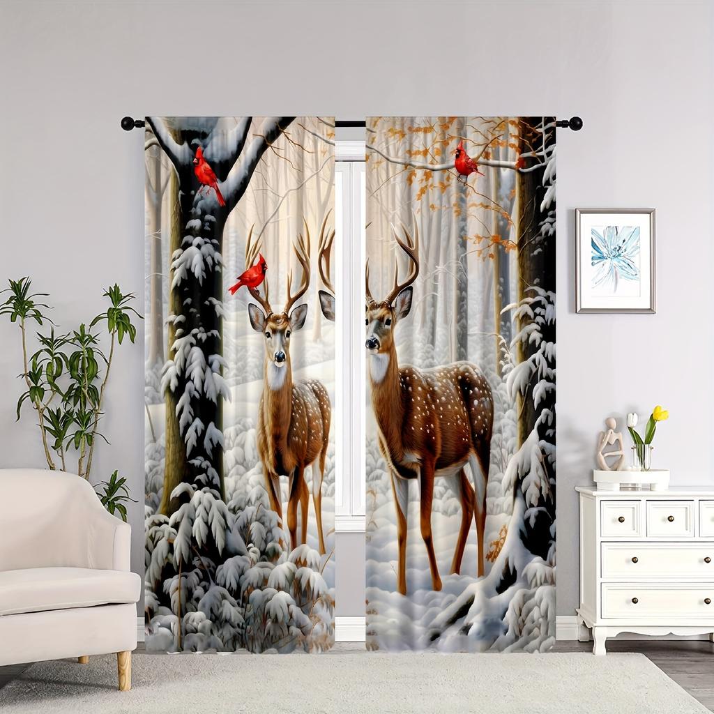 Christmas Elk Snow Curtains Hd Digital Print Design Living Room Bedroom Study Window Decor Curtain Set Of 2 Made Polyester With Rod Pocket Washable