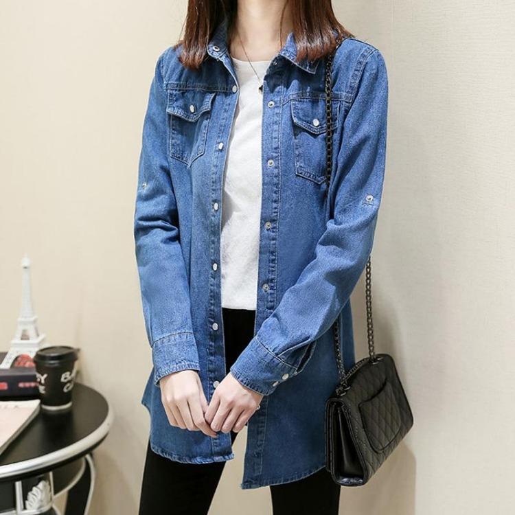 Camisa Vaquera para Mujer Manga Larga Corte Holgado Longitud Media Chaqueta Vaquera Camisa Base de Primavera Talla Grande Chaqueta Fina
