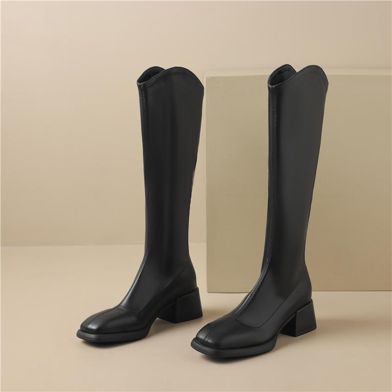 FOREADA Women Knee High Boots Square Toe Thick Mid Heels Long Boot Zipper Western Gogo Boots Lady Fashion Shoes Autumn Winter 43