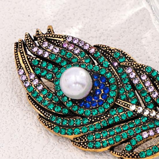 Feather Design Pin Vintage Peacock Brooch, Faux Pearl Rhinstone Lapel Retro Jewelry Pin, Clothing Accessories for Wedding Party Prom