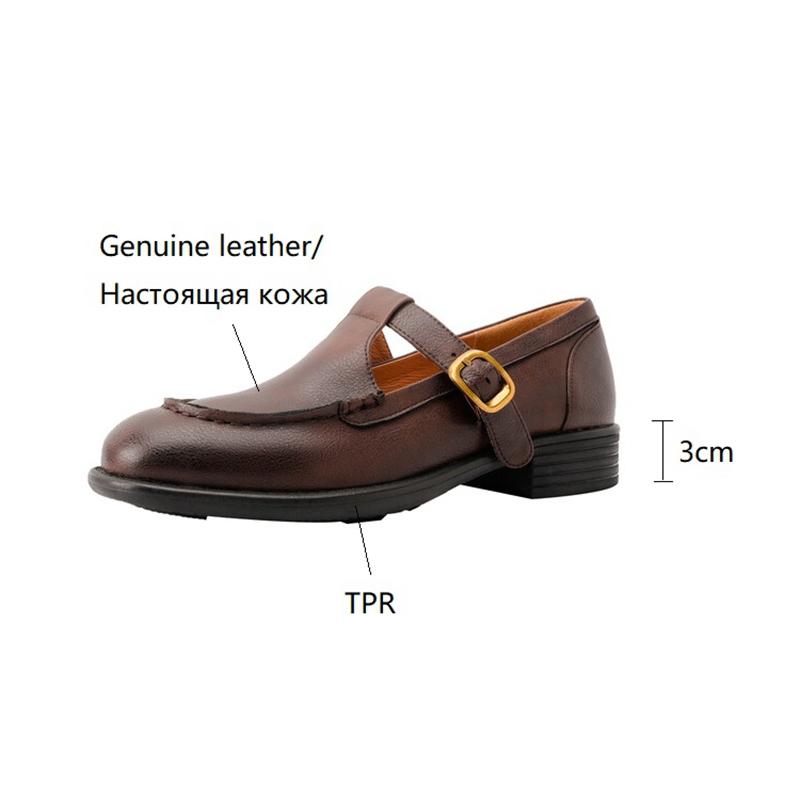 Fashion NEW Spring Women's Pumps Genuine Leather Shoes for Women Round Toe Chunky Heel Shoes Retro Low Heel Mary Janes Retro Brown Shoes
