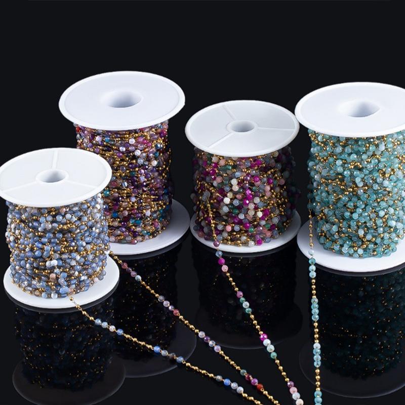 1m Stainless Steel Mixed Color Natural Stone Chain DIY Curtain Tassel Decor 3.2mm Crystal Beads Strap Wedding Party Decoration