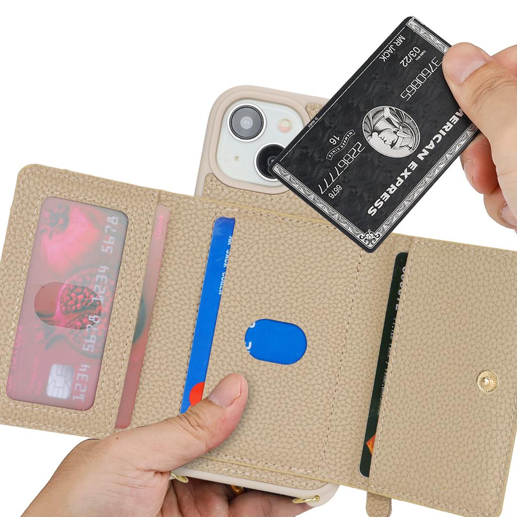 For iPhone 14/13 Case Litchi Texture Card Bag Leather+TPU Crossbody Phone Cover with Ring Kickstand