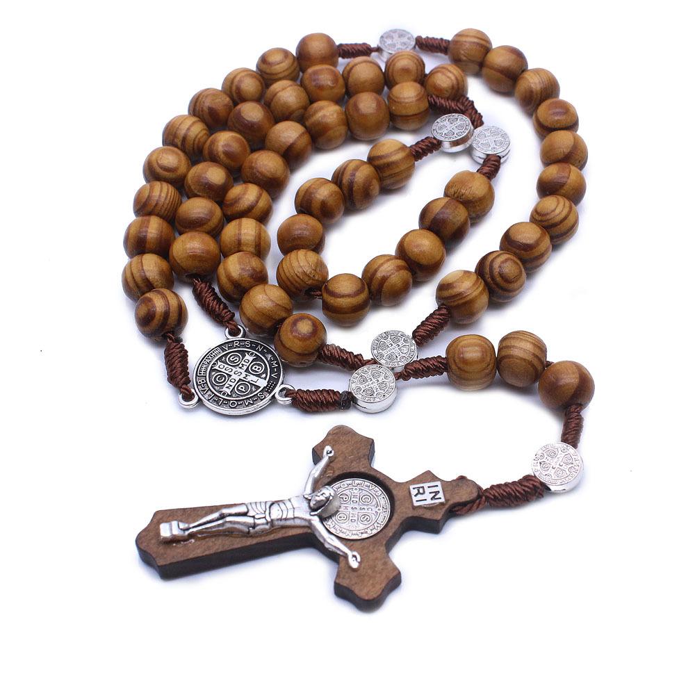 Trendy Black Brown Wooden Rosary Necklace Fashion Religious Catholic Large Cross Pendant For Women Men Fashion Beads Jewerly