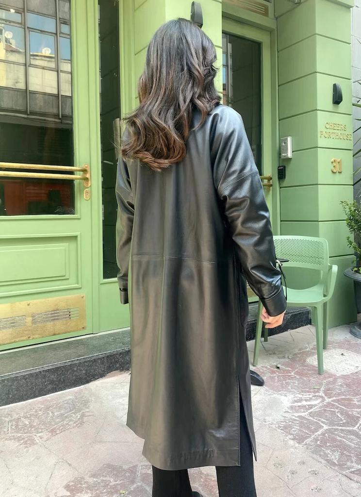Lambskin Women's Black Trench Coat  Leather Genuine Handmade Long Party Stylish