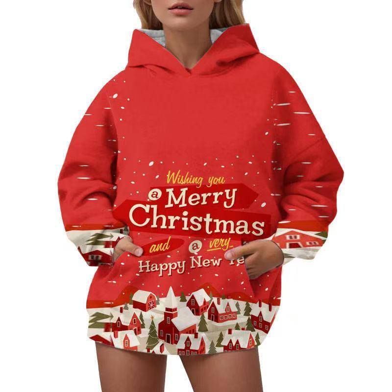 Women's 3D Digital Printed Hooded Sweater Christmas Elk Casual Fashion Hoodie