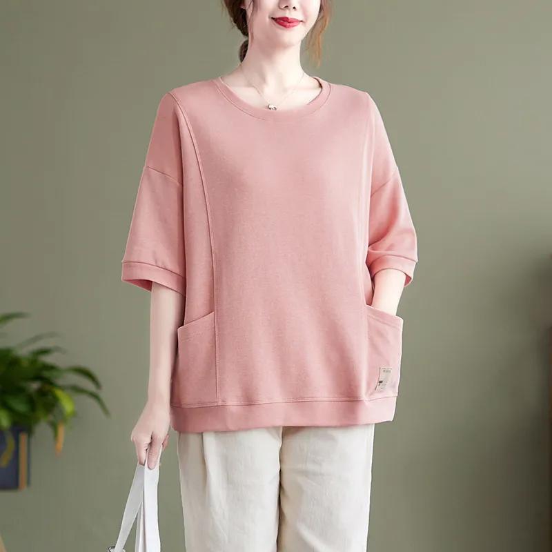 

Футболка для женщин, летняя, большого размера, хлопковая футболка, мягкая, свободная, повседневная, удобная, пуловер, футболка, топ XXXL розовый