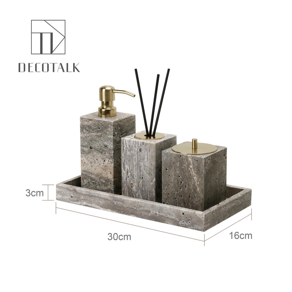 Set da Bagno Travertino Grigio Argento Wabi-Sabi: Vassoio e Decorazione per Lavabo.