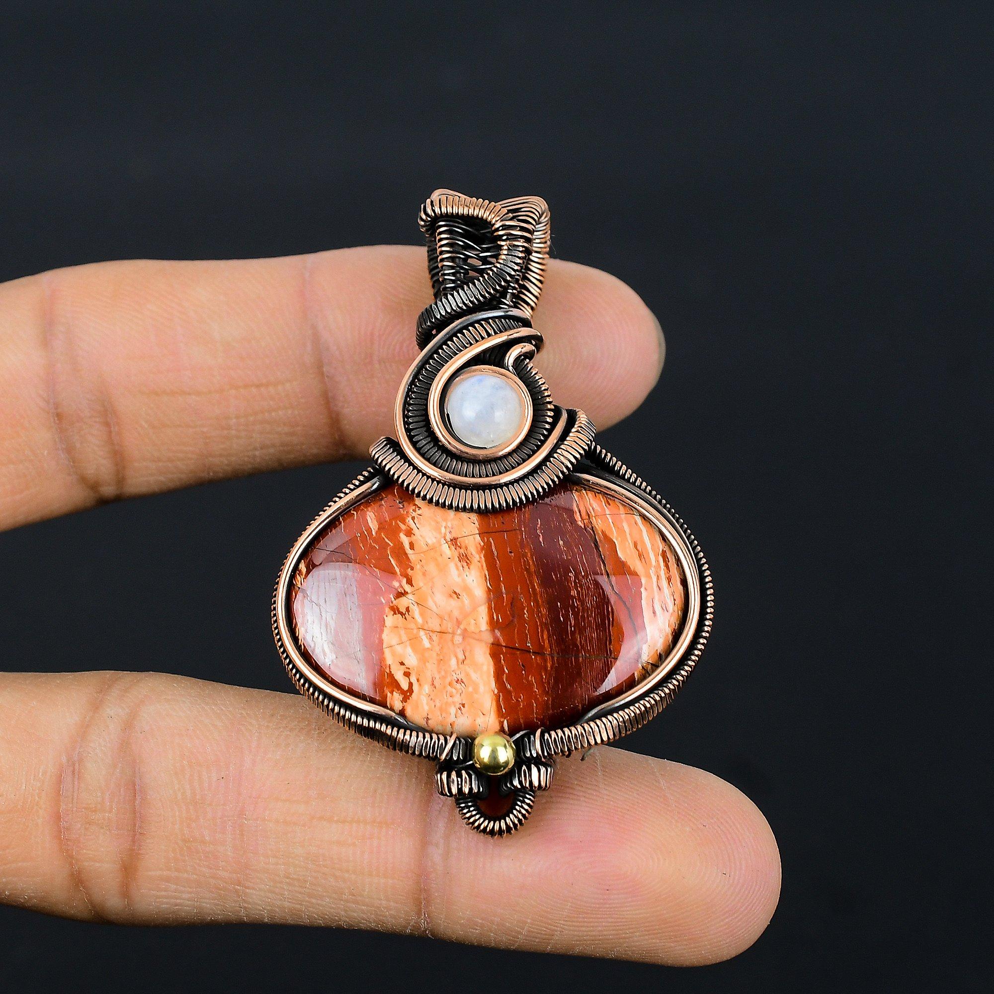 

Red Snake Skin & Moonstone Pendant Gemstone Handmade Jewelry, 999 Copper Wire Wrapped Pendant, Gift For Wife Jewelry 2.55 Inches