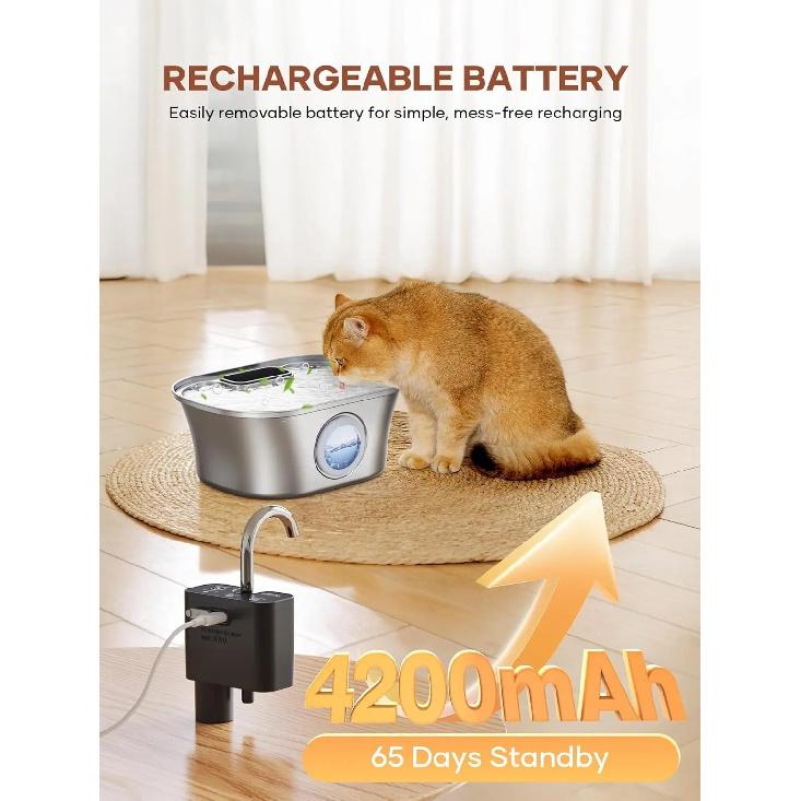 3.2L/108oz Wireless Charging Sensor Cat Water Feeder Stainless Steel Cat Dog Water Fountain Silent Water Level Window No Plug