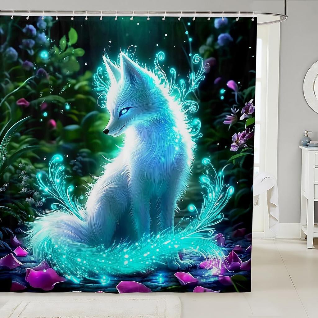 Pink Fox Shower Curtain Japanese Cherry Blossoms Bath Curtain Girls Teens Cute Cartoon Bathroom Shower Curtain Set Waterproof