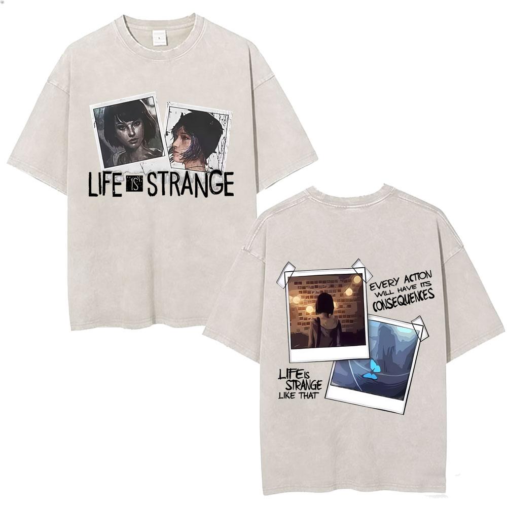 

Game Life Is Strange Butterfly Vintage Washed T Shirt Men Womens Casual Retro Player Clothes Oversized Short Sleeve Streetwear S
