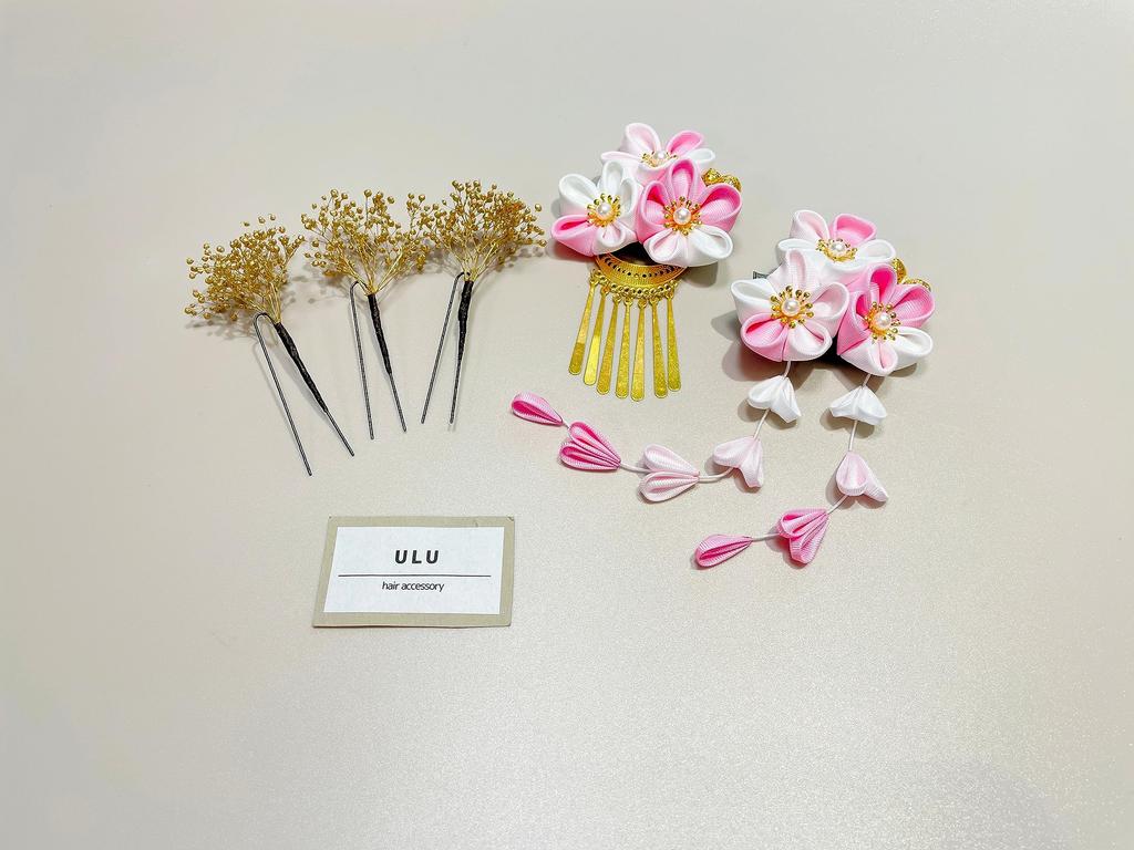 Pink and White Hair Ornament with Gold Perfect for Japanese and Dried Flower Tsumami-Zaiku Baby's Breath, Graduation, Clothing, Shichi-Go-San,