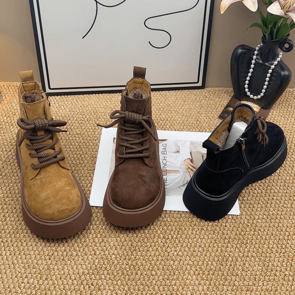 Women's High Top Snow Boots Winter Fashion Side Zipper Shoes Comfortable Cross Tied Height Increase Short Boots