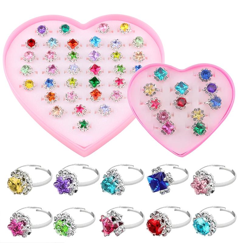 12/36PCS Adjustable Rings Diamond Style with Box Children Birthday Gift Pretend Play Makeup Toys Cartoon Jewelry Alloy Ring TMZ
