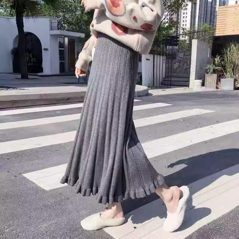 A-Line Women's Autumn Winter Knitted Midi Skirt Slim-Fitting High Waist Wool Half Skirt