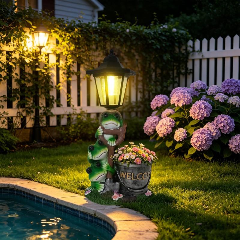 Outdoor Solar-Powered Frog Planter Decor Garden Patio Yard Resin Craft Animal Figurine With Waterproof Design