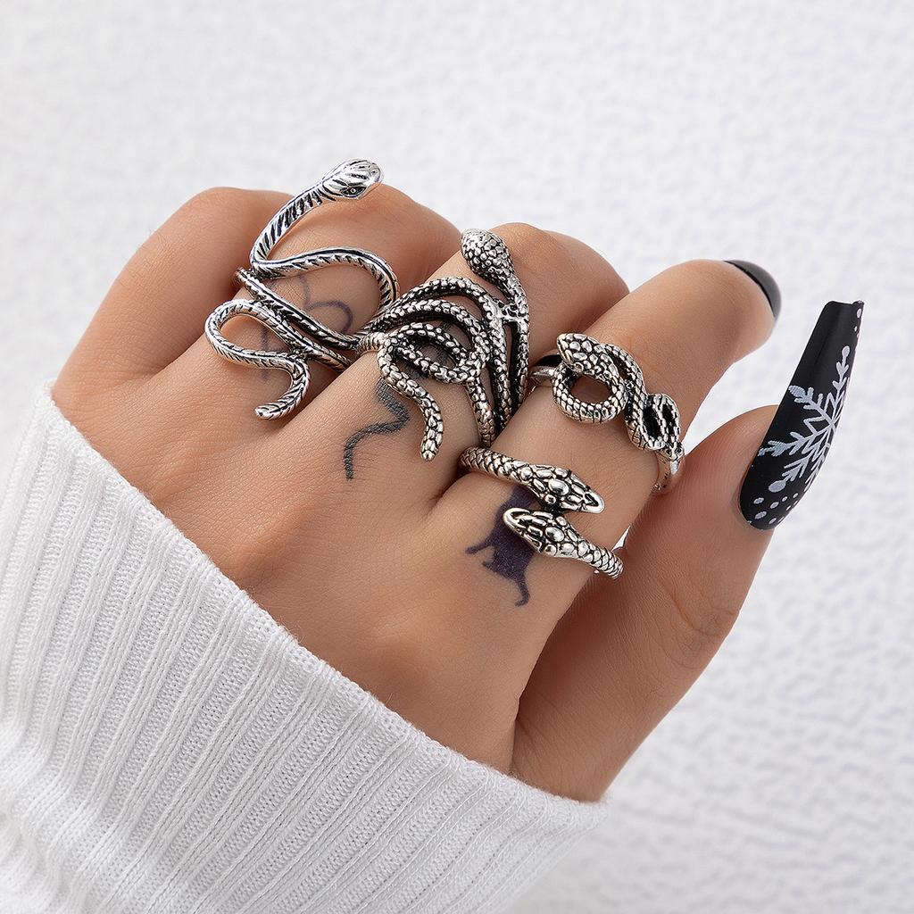 Cool Handsome Men's Snake Pattern Ring, Punk Style Snake Animal Retro Exaggerated Four-piece Ring