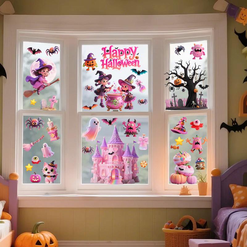 Halloween Window Sticker Pumpkin Witch Bat Castle Pattern Wall Stickers Halloween Decals