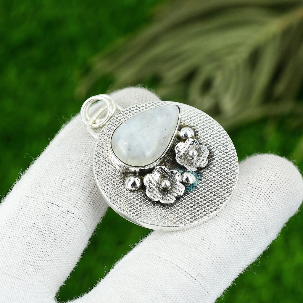 Natural Rainbow Moonstone Gemstone Pendant White 925 Sterling Silver Jewelry