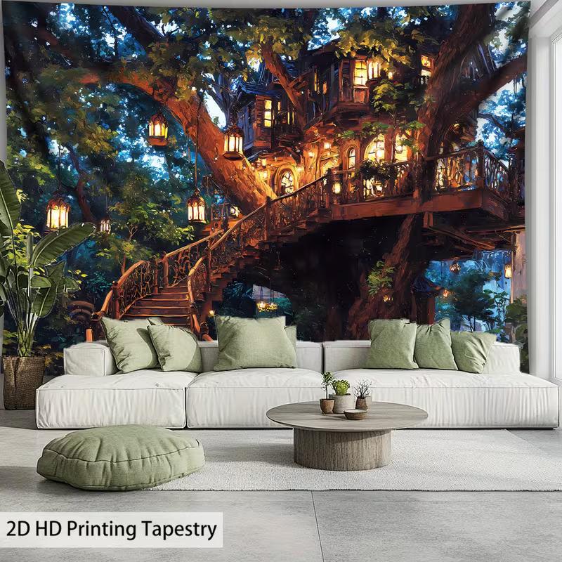 

2D Enchanted Treehouse Tapestry Magical Forest with Glowing Lanterns Wall Decor 47.2x31.5inch/120*80cm