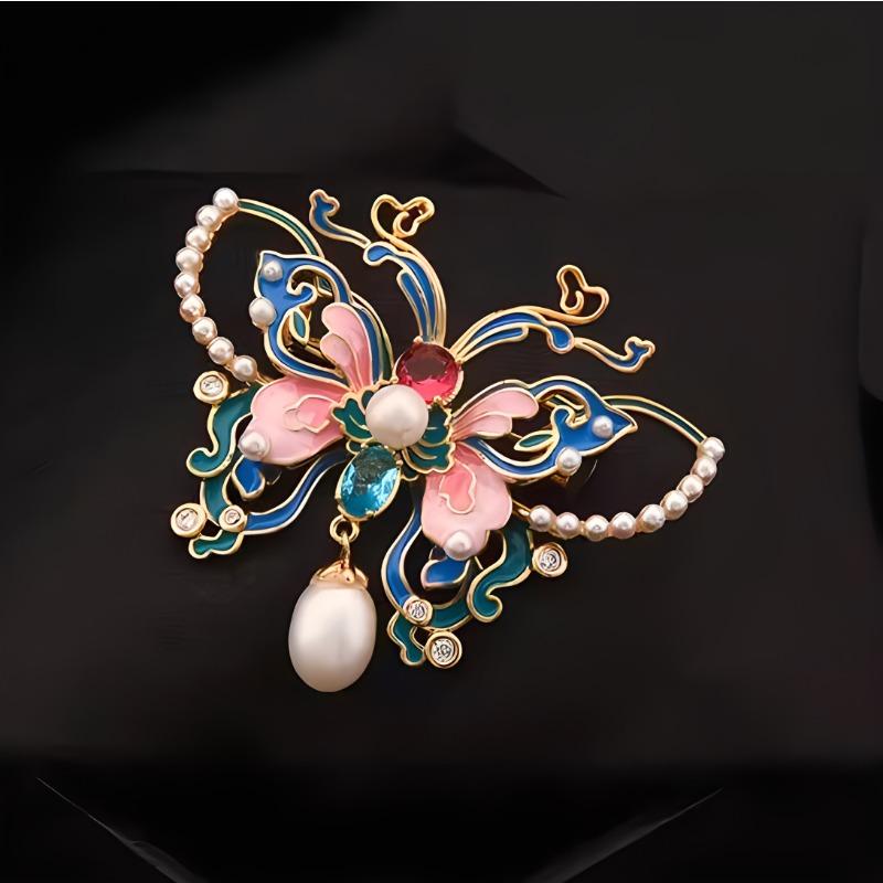 Enamel-colored Butterfly Brooch for Women, Featuring Chinese Style, with Pearl Embellishments, An Elegant Large Pin.