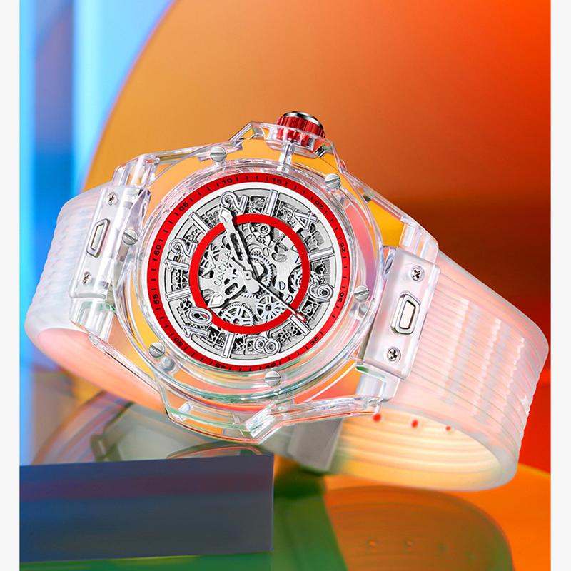 Skeleton Automatic Mechanical Watch for Men Casual Transparent Case Waterproof Luminous Wrist Watch Silicone Strap
