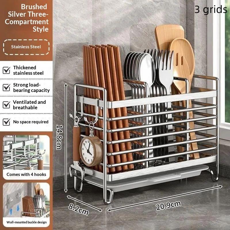 Wall-Mounted No-Drill Cutlery Rack Stainless Steel Space-Saving Anti-Scratch Utensil Organizer for Home Kitchen Storage