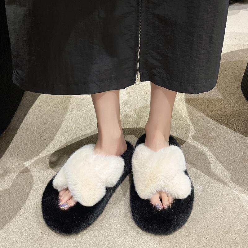 Fashion 2025 New Fashion Color Block Fur Slippers for Women Fuzzy Open Toe Indoor Slides for Woman Non Slip Warm Plush House Slippers