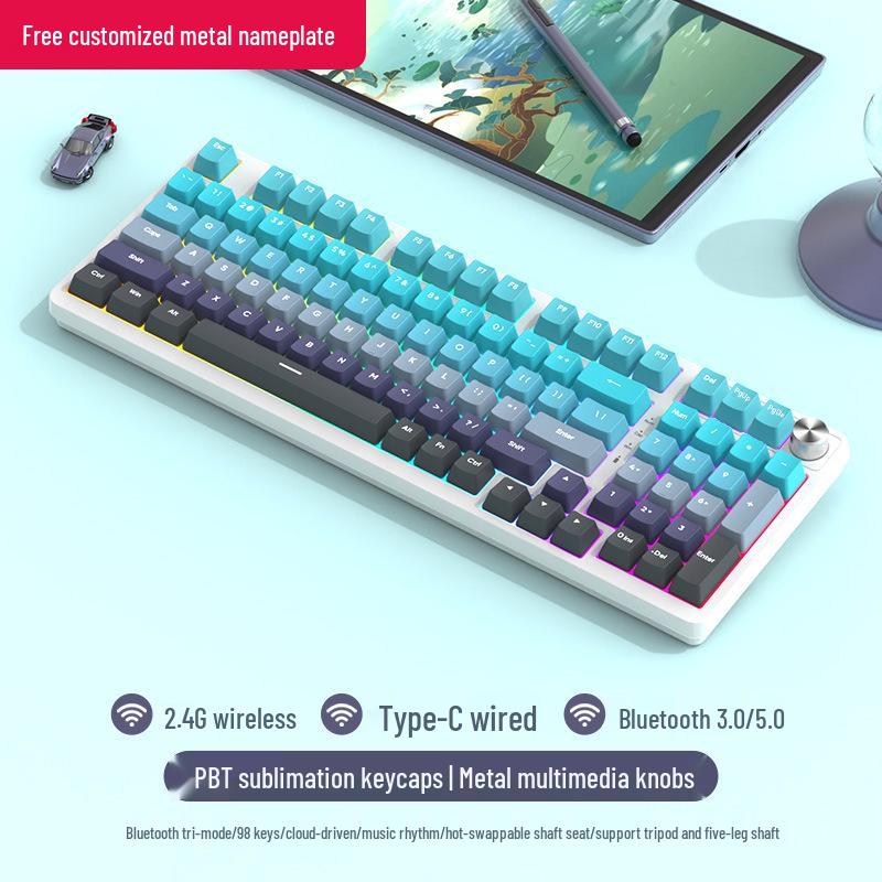 98-Key Wireless Bluetooth Mechanical Keyboard - Blue Switches, PBT Gradient, Gaming/Office, Customizable.