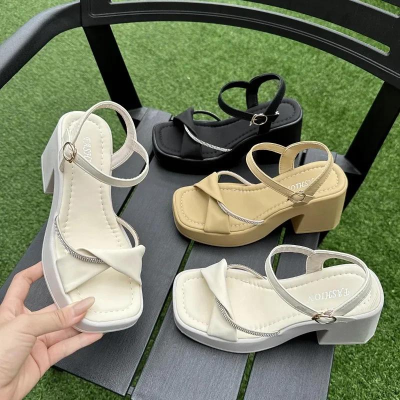 Mode Neue Damenschuhe Fischmaul High Heels Eckige Zehenpartie Offene Zehenpartie Feenstil Dicke Absätze Elegant Wasserdicht Rutschfest Damenschuhe