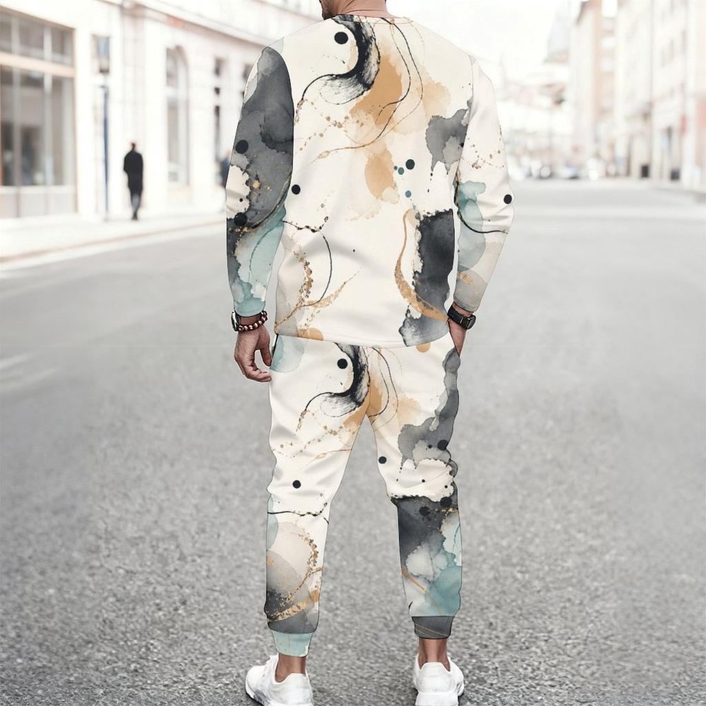 Men Plus Size White Printed Two Piece Set Round Neck Long Sleeve Top Cuffed Pants