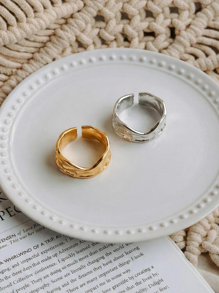 18K Gold-Plated Irregular Embossed Open Ring - Stainless Steel, Fade-Resistant