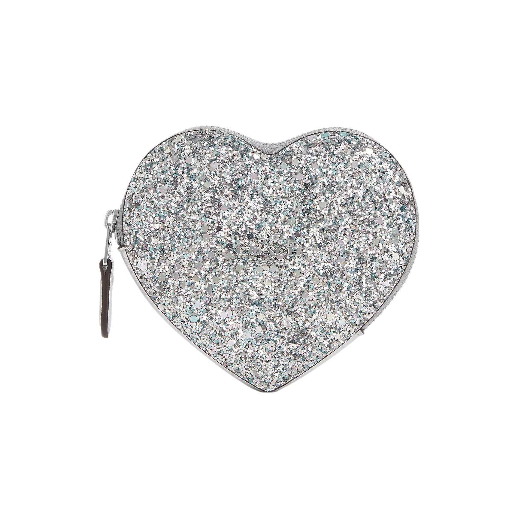 

Coach 11 Shining Heart Zipper Foil Metallic Calfskin Coin Purse Card Holder Wallet Women wallet Silver CQ167-SVSV Basic Set (Bag+Dust Bag)
