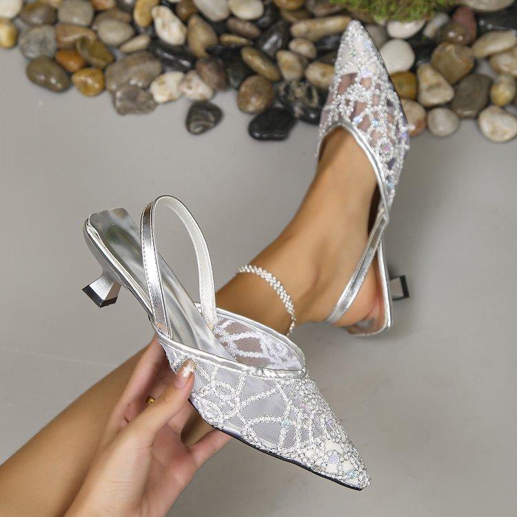 

Босоножки женские летние новые с пайетками дышащая сетка с острым носком с открытой пяткой на шпильке 42 серебряный