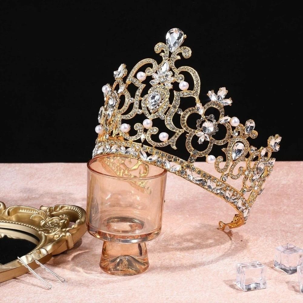Koreanischer Stil Metall Prinzenkronen Bar Mitzwa Krone Runde Tiaras Retro Barock Kristallkrone Königin
