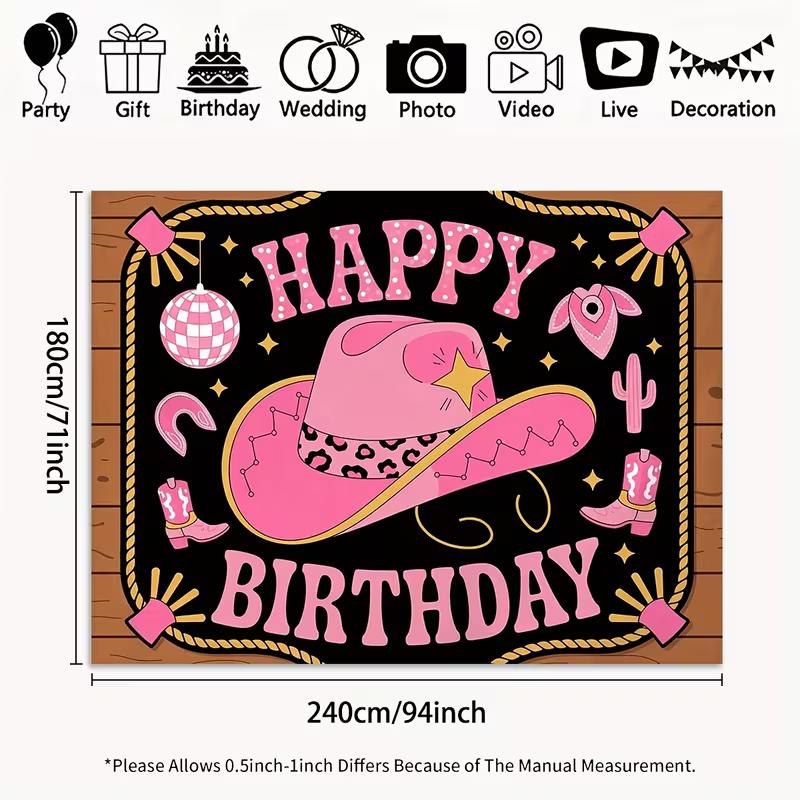 2D Disco Cowgirl Backdrop "Happy Birthday" Western Themed Photo Booth Background