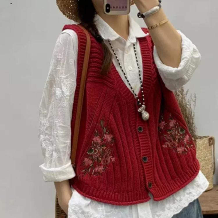 Damski luźny casualowy dzianinowy sweterek bez rękawów z dekoltem V wiosenny haft styl artystyczny revival styl starożytny