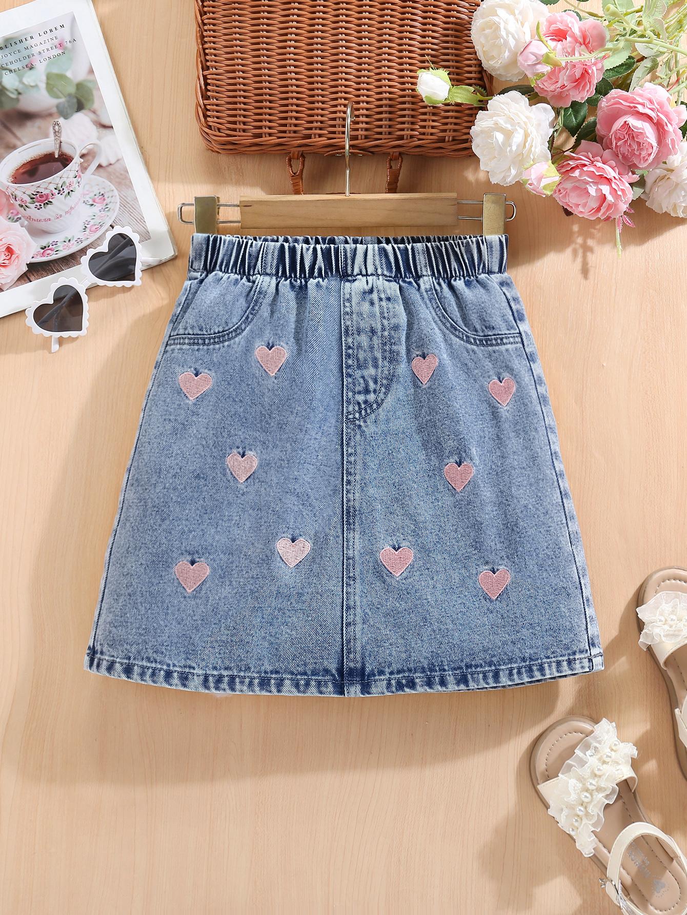 

Single-piece girls outdoor street casual vacation comfortable fashion simple girl trend sweet versatile snowflake pink heart embroidered denim skirt 8Y средний синий
